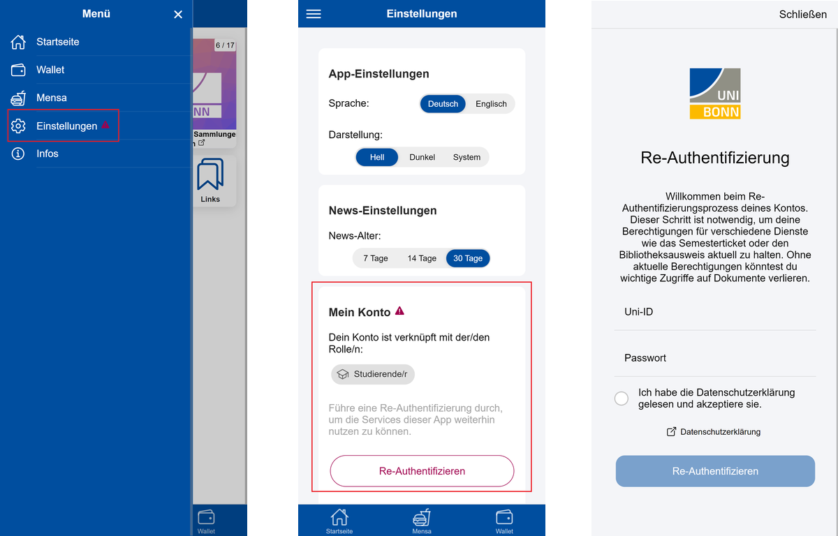 Left: Warning symbol in the side menu  | Center: Request for re-authentication  | Right: Re-authentication page